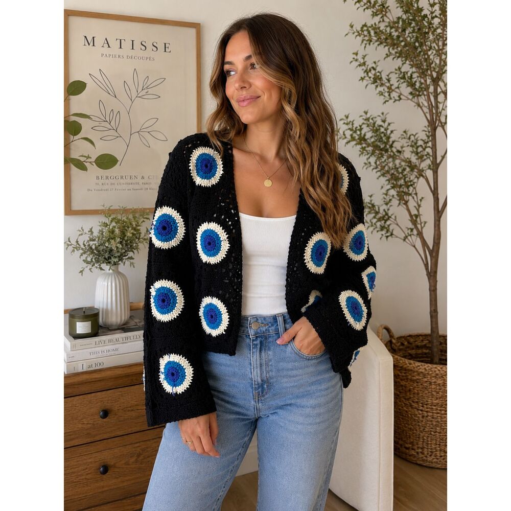 Blue Black Granny Square Crochet Cardigan Eye Pattern Chunky Knit Hippie Sweater